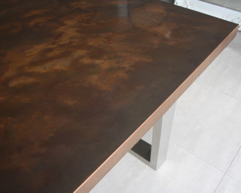 Aged Copper Dining Table close up by Mac+Wood