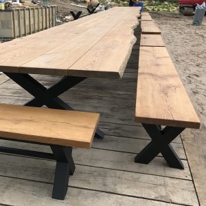 Oak banquet table with matching benches